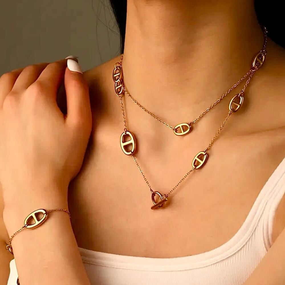 Gold Pig Nose Multilayer Necklace Bracelet Set Stainless Steel Gold Plated - Picture 2 of 12